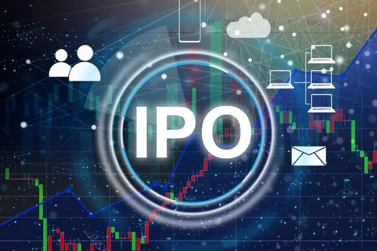 Gráfico de mercado financeiro com a sigla IPO em destaque, representando o conceito de oferta pública inicial de ações.